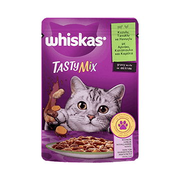 پوچ گربه ویسکاس تیستی میکس طعم بره، مرغ و هویج Whiskas Tasty Mix Lamb Chicken & Carrot Flavor وزن 85 گرم