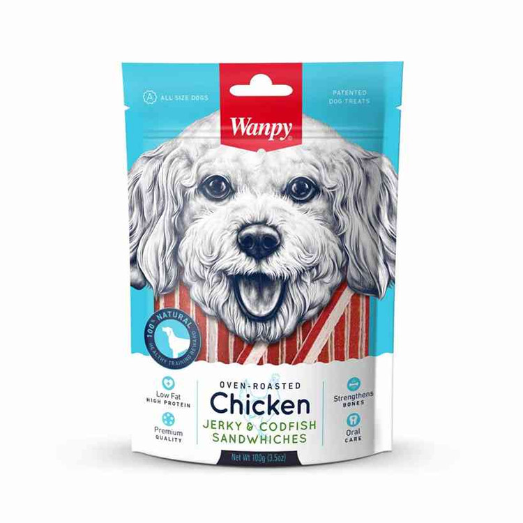 تشویقی سگ ونپی مدل ساندویچ مرغ و ماهی کاد Wanpy Dog Treat Chicken Jerky & Codfish Sandwiches وزن 100 گرم