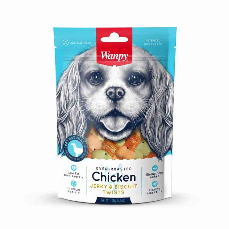 تشویقی سگ ونپی مدل بیسکوییت و دورپیچ مرغ Wanpy Dog Treat Chicken Jerky & Biscuit Twists وزن 100 گرم