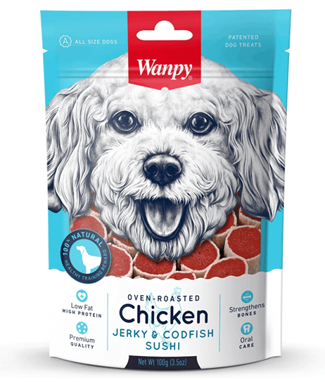 تشویقی سگ ونپی مدل مرغ و سوشی ماهی کاد Wanpy Dog Treat Chicken Jerky & Codfish Sushi وزن 100 گرم