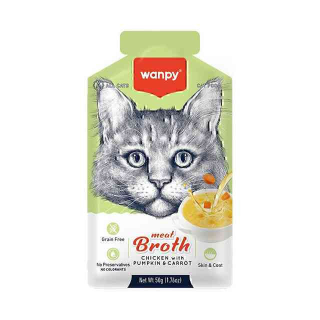 سوپ گربه ونپی طعم مرغ، هویج و کدو حلوایی Wanpy Cat Broth Chicken, Carrot & Pumpkin Flavor وزن 50 گرم