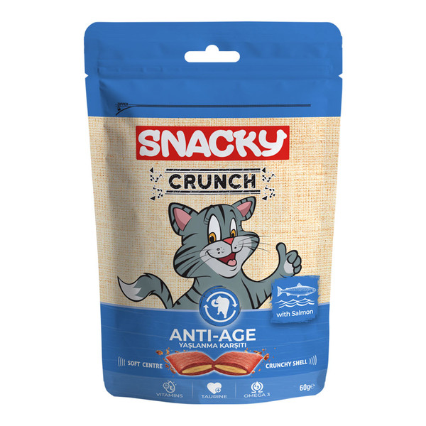 تشویقی گربه کرانچی اسنکی مناسب کاهش علائم پیری Snacky Cat Crunchy Anti Age وزن ۶۰ گرم