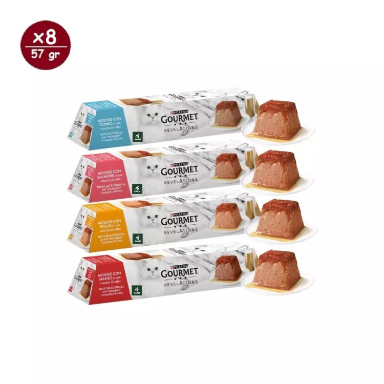 دسر گربه گورمت رولیشنز مدل مولتی پک چهار طعم Gourmet revelations cat multipack Mousse وزن 57 گرم پک 8 عددی