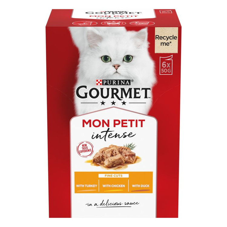 پوچ گربه گورمت طعم مرغ و بوقلمون و ارک Gourmet mon petit chichen turkey duck وزن 50 گرم پک 6 عددی