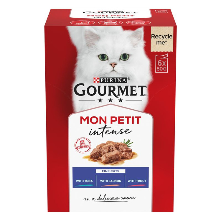 پوچ گربه گورمت طعم ماهی تن و سالمون و قزل آلا Gourmet mon petit Tuna Salmon trout وزن 50 گرم پک 6 عددی
