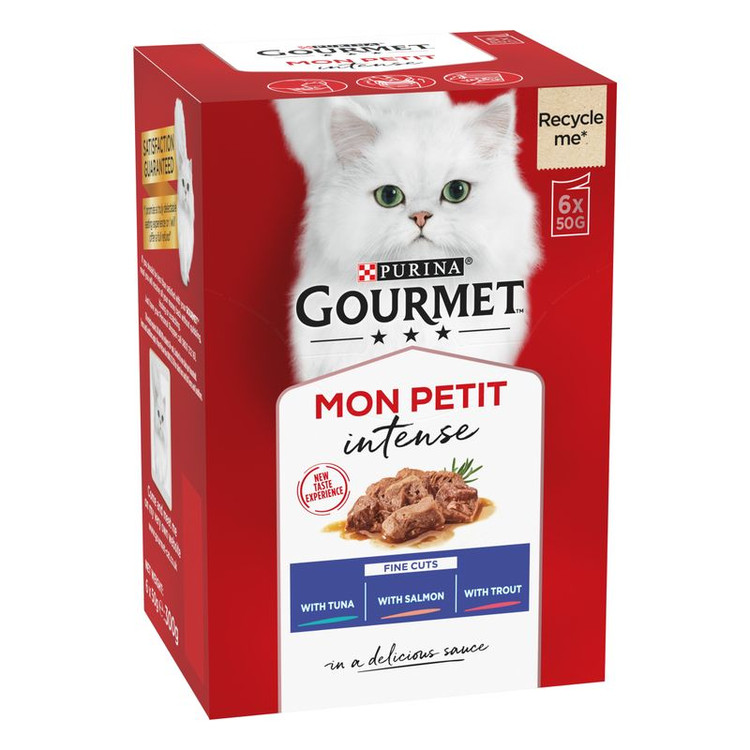 پوچ گربه گورمت طعم ماهی تن و سالمون و قزل آلا Gourmet mon petit Tuna Salmon trout وزن 50 گرم پک 6 عددی