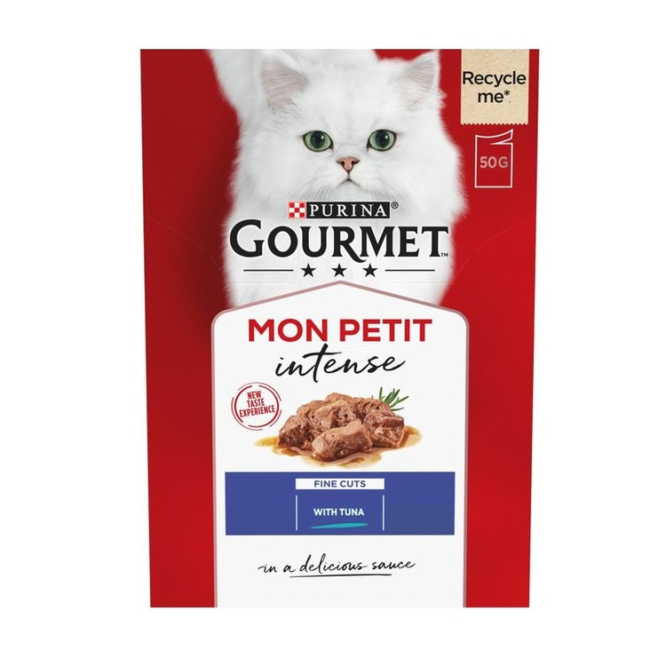 پوچ گربه گورمت طعم ماهی تن ورقه ای Gourmet mon petit Tuna fidh cuts وزن 50 گرم
