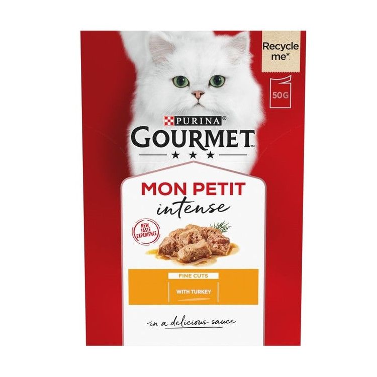 پوچ گربه گورمت طعم بوقلمون ورقه ای Gourmet mon petit Turkey cuts وزن 50 گرم