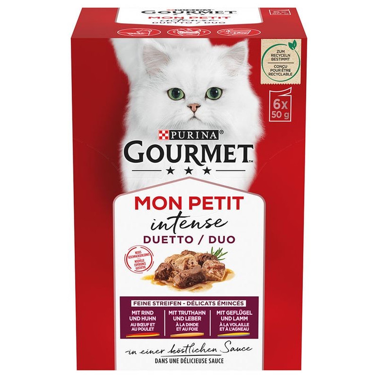 پوچ گربه گورمت طعم گوشت گاو و بوقلمون و بره Gourmet mon petit Beef Turkey & Lamb وزن 50 گرم پک 6 عددی