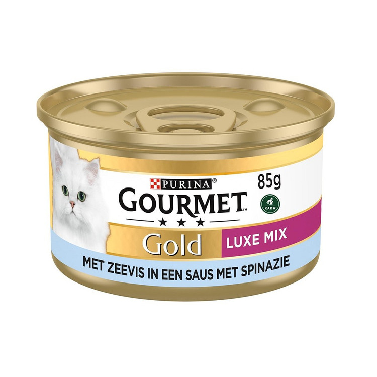 کنسرو میکس گربه گورمت گلد طعم ماهی اقیانوسی و سس اسفناج Gourmet Gold Double Mix ocean fish & Spinach sauceوزن 85 گرم