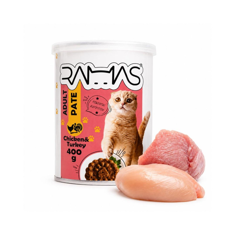 کنسرو پته گربه راماس طعم مرغ و بوقلمون Ramas cat chicken&Turkey loaf وزن ۴۰۰ گرم