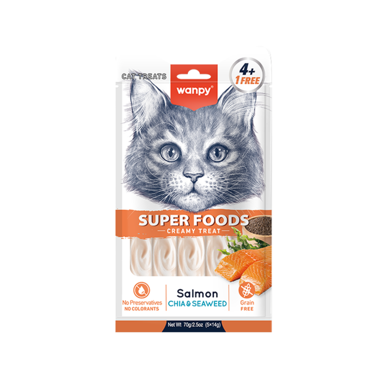 بستنی گربه سوپرفود ونپی طعم ماهی سالمون و دانه چیا Wanpy Cat Creamy superfood treats وزن ۱۴ گرم